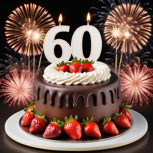 Prompt: A round birthday cake with chocolat, strawberries, cream, candles, the name Annemie, the number 60 on a background of fireworks.