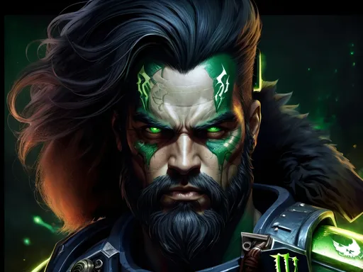 Prompt: Portrait of a male space marine, warhammer 40k,
using the colors and logo of Monster energy Drink, beard, Black and green, (((highly detailed facial features))), 
 dark gritty tones, dark atmospheric lighting, grimdark, gothic fantasy, high quality, 
ultra-detailed, muscular, smirk, respectable,  beautiful