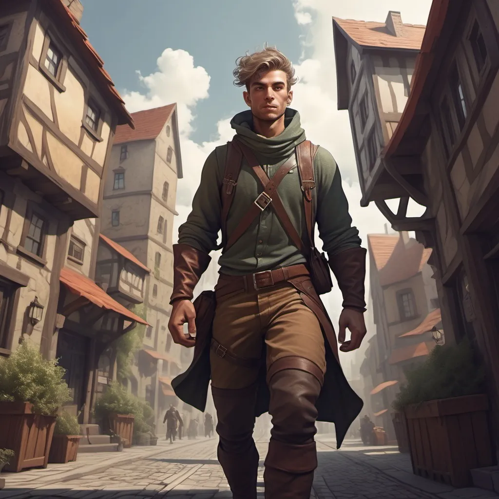 Prompt: Generate an image in a fantasy art style.  A male human adventurer coming from a small town to the big city