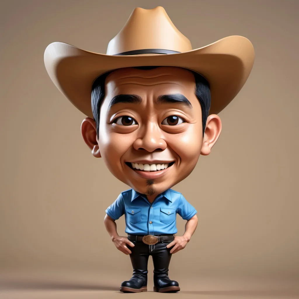 Prompt: 4D caricature of Indonesian people. big head. white skin color. wearing a blue shirt and wearing a brown cowboy hat, wearing black pants and black shoes