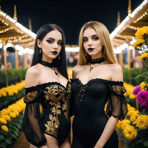 Prompt: 2 girls, 15/16, gothic beauty, gothic glam, gothic moods, short tight clothes, gold, long hair, bright colours, lovers, spiritual, soul sisters, incredible beauty, romantic, upscale, flowers, blooming, simple jewelry, close up, close, carnival at night, bodysuit, off the shoulder,