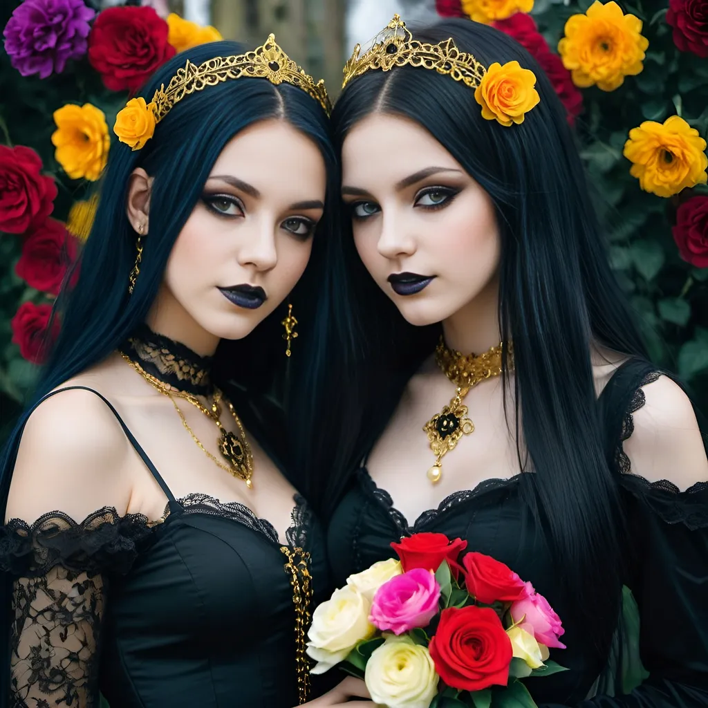 Prompt: 2 girls, 15/16, gothic beauty, gothic glam, gothic moods, short tight clothes, gold, long hair, bright colours, lovers, spiritual, soul sisters, incredible beauty, romantic, upscale, flowers, blooming, simple jewelry, close up, close, haunted carnival