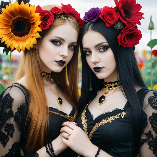 Prompt: 2 girls, 15/16, gothic beauty, gothic glam, gothic moods, short tight clothes, gold, long hair, bright colours, lovers, spiritual, soul sisters, incredible beauty, romantic, upscale, flowers, blooming, simple jewelry, close up, close, haunted carnival