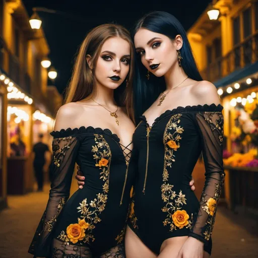 Prompt: 2 girls, 15/16, gothic beauty, gothic glam, gothic moods, short tight clothes, gold, long hair, bright colours, lovers, spiritual, soul sisters, incredible beauty, romantic, upscale, flowers, blooming, simple jewelry, close up, close, carnival at night, bodysuit, off the shoulder,