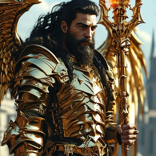 Prompt: Ok make me a dungeons and dragons character. 

Lorian starshield 
Tall muscular man with long dark curly hair and golden dragon scale armor. Give him a massive golden shield in his right hand which has a luminous lux gold design. A huge magical staff in his left hand which is also golden and on fire. Also, huge golden dragon angel wings. Behind him details of a city with a huge golden dragon above his kingdom