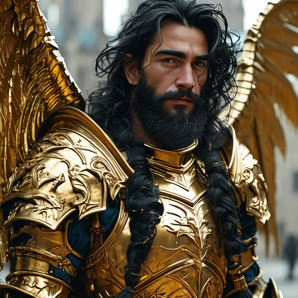 Prompt: Ok make me a dungeons and dragons character. 

Lorian starshield 
Tall muscular man with long dark curly hair and golden dragon scale armor. A huge golden tower shield with a flaming luminous design. Also, huge golden dragon angel wings. Behind him details of a city with a huge golden dragon above his kingdom