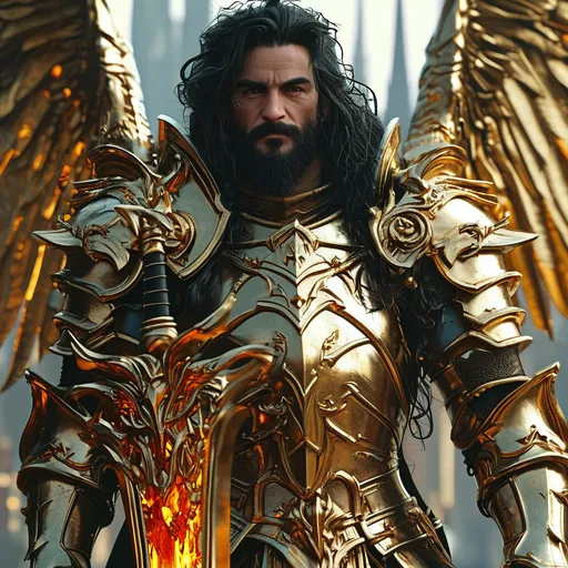 Prompt: Ok make me a dungeons and dragons character. 

Lorian starshield 
Tall muscular man with long dark curly hair and golden dragon scale armor. Give him a huge golden tower shield in his right hand with a flaming luminous design and a huge great sword in his left hand which is also golden and on fire. Also, huge golden dragon angel wings. Behind him details of a city with a huge golden dragon above his kingdom