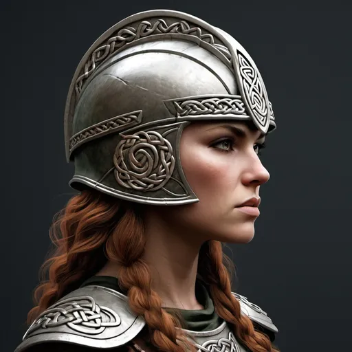 Prompt: Female Celtic warrior portrait side on add a helmet - make her completely side on so you can see her side profile