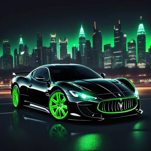 Prompt: a black and neon green maserati mc20 with a black and neon color city in the background at night realistic