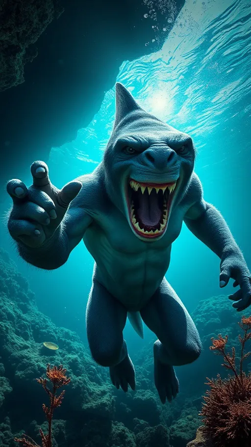 Prompt: (Shark + Gorilla hybrid), muscular body, fierce teeth and claws, vivid detail, dynamic pose showcasing strength, captivating expression, underwater setting, vibrant coral reef background, dramatic light filtering through water, high depth, 4K resolution, ultra-detailed features, rugged textures, wild ambiance, engaging and thrilling atmosphere disappearing into depths.