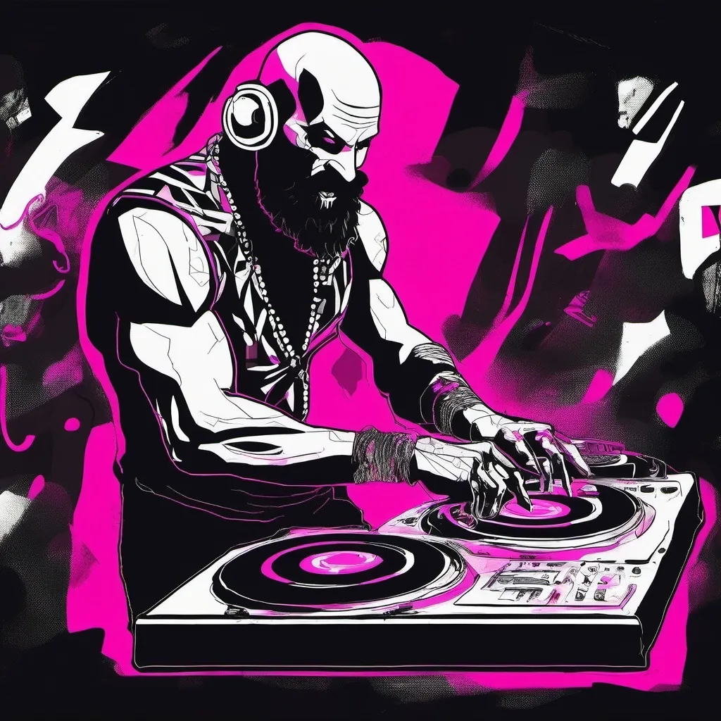 Prompt: Kratos dj gig, sleek, pink on black, logo, flat image