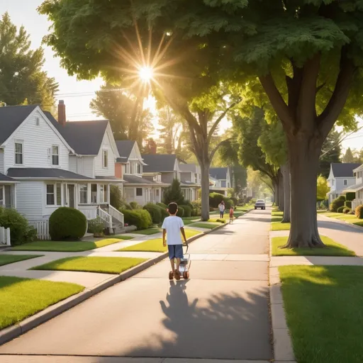 Prompt: A person living in a typical suburban neighborhood:
"A family-oriented person stands outside their home in a peaceful suburban neighborhood. Tree-lined streets stretch into the distance, dotted with neatly manicured lawns and cozy houses with white picket fences. Children play in front yards, and the distant sound of a lawnmower hums through the air. The sun is setting, casting a warm, golden light over the quiet, orderly streets. The person smiles, enjoying the sense of community and calm, a world away from the fast pace of the city, yet still connected to its conveniences."