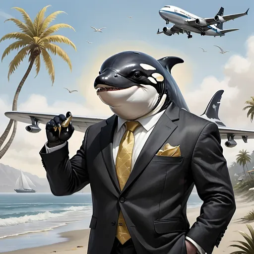 Prompt: Anthropomorphic orca whale, dressed in a business suit, with golden forehead armor, standing on a beach overlooking the water with palm trees. A 747 airplane near by with "Abandon The West" visible.