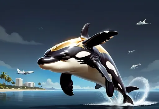 Prompt: Anthropomorphic orca whale, dressed in a business suit, golden armor on his forehead, running down his back along the spine to his dorsal fin. No tail or dorsal features attached to the head.
Standing on a beach overlooking the water with palm trees.
A 747 airplane in the air.