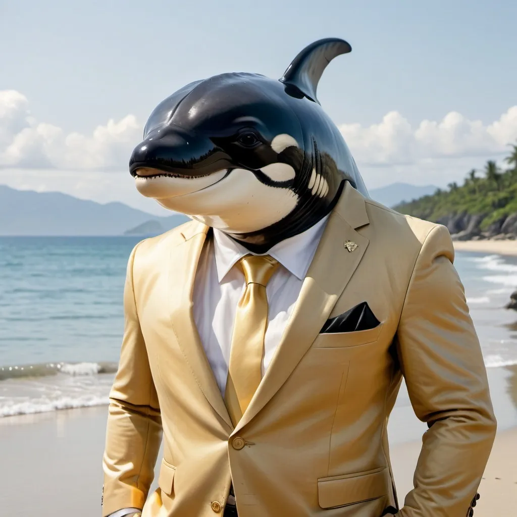 Prompt: Anthropomorphic orca whale, dressed in a business suit, golden armor, on a beach near the ocean in the Philippines.