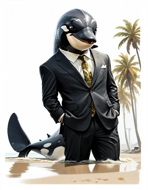 Prompt: Anthropomorphic orca whale, dressed in a business suit, with golden forehead armor, standing on a beach overlooking the water with palm trees. A 747 airplane near by with "Abandon The West" visible.