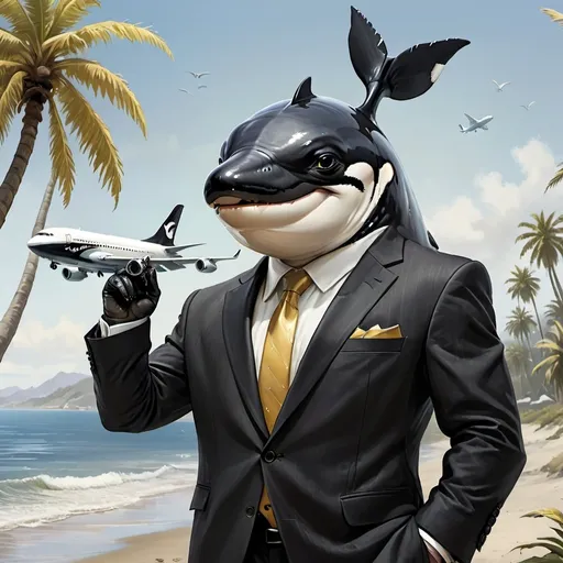 Prompt: Anthropomorphic orca whale, dressed in a business suit, with golden forehead armor, standing on a beach overlooking the water with palm trees. A 747 airplane near by with "Abandon The West" visible.