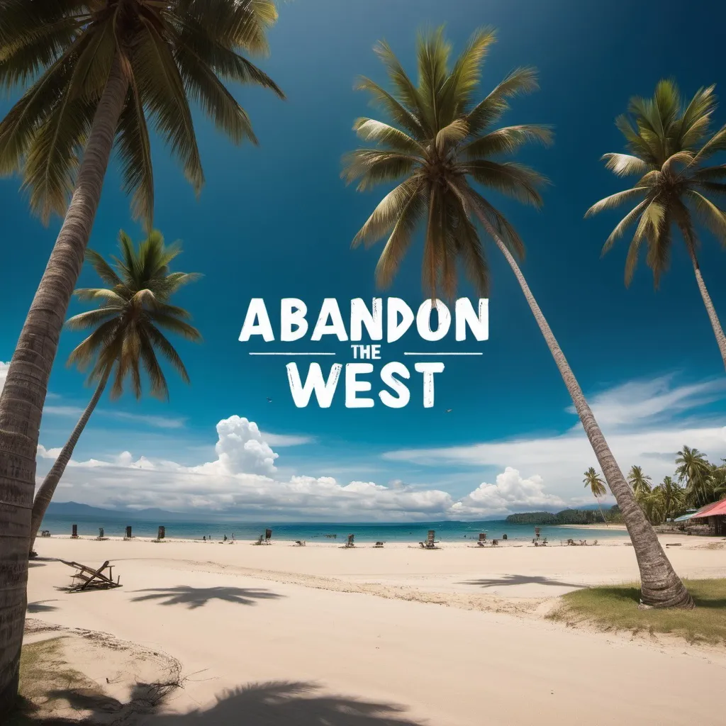 Prompt: A lovely beach in the Philippines with palm trees and  " Abandon The West " written in the sand. Planes flying overhead.