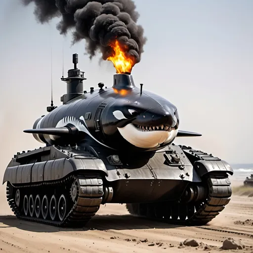 Prompt: Armored orca whale driving a tank in war