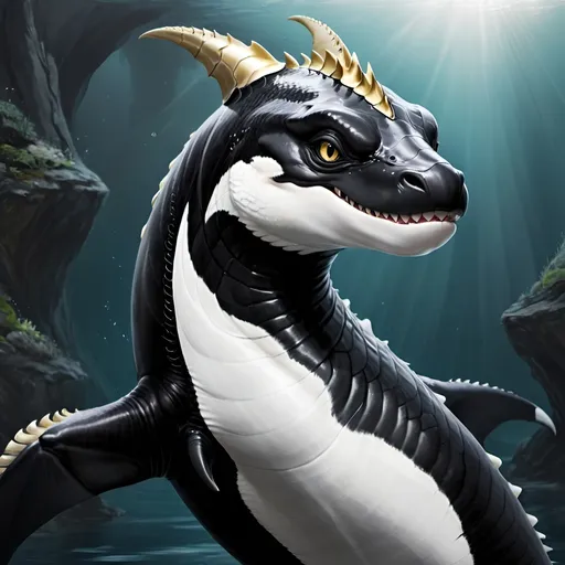 Prompt: Black and white orca-dragon with golden forehead scales