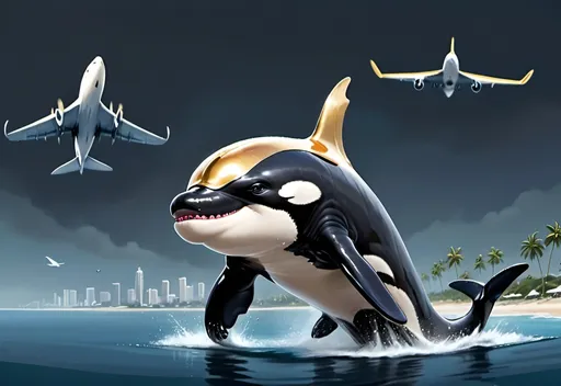 Prompt: Anthropomorphic orca whale, dressed in a business suit, golden armor on his forehead, running down his back along the spine to his dorsal fin. No tail or dorsal features attached to the head.
Standing on a beach overlooking the water with palm trees.
A 747 airplane in the air.