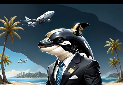 Prompt: Anthropomorphic orca whale, dressed in a business suit, golden armor on his forehead, standing on a beach overlooking the water with palm trees.
A 747 airplane in the air. "Abandon The West" written in the sand on the beach.