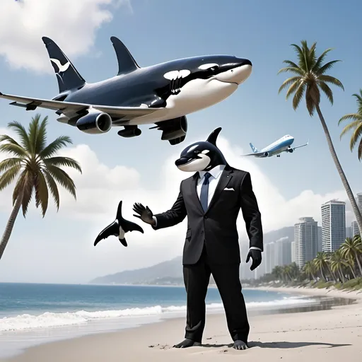 Prompt: Humanoid orca whale, dressed in a business suit, on a beach overlooking the water with palm trees.
A 747 airplane in the air.