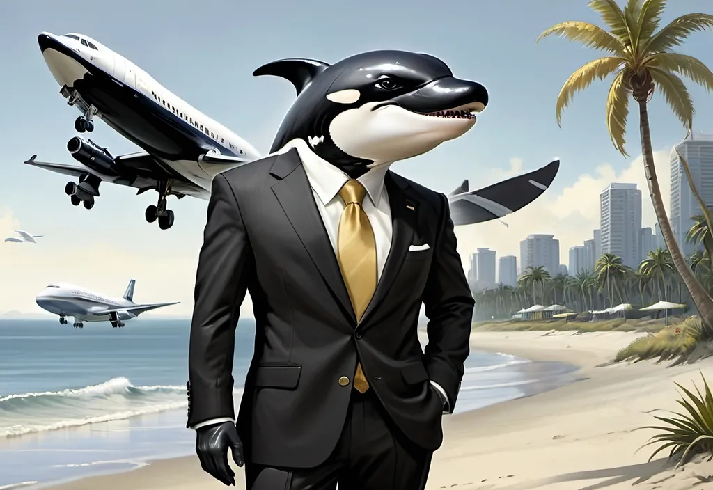 Prompt: Anthropomorphic orca whale, dressed in a business suit, with golden forehead armor, standing on a beach overlooking the water with palm trees. A 747 airplane near by with "Abandon The West" visible.