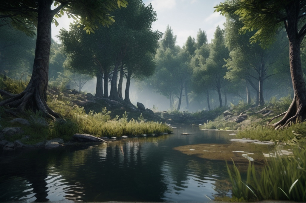 Prompt: a mysterious forest next to a pond, hyper realistic, 8k resolution, cinematic, high quality, unreal engine