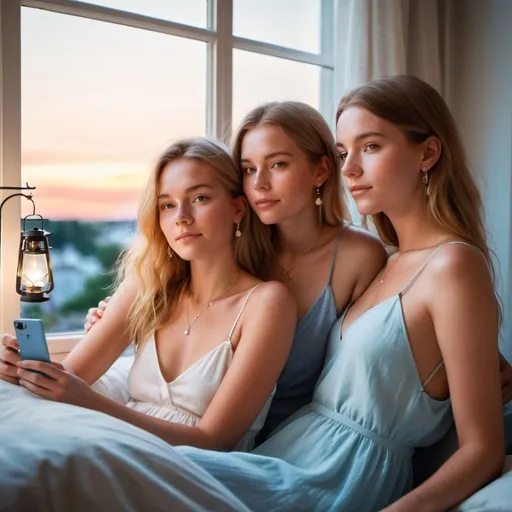 Prompt: 2 Swedish girls, 15/16, on vacation, bright lights, freckles, alluring, beautiful, bedroom window, simple jewelry, comfy, close-up, romantic, lovers, flowers, blooming, azure, quartz, chair, lantern, slipping off, falling off, selfie