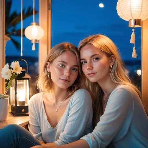 Prompt: 2 Swedish girls, 15/16, on vacation, bright lights, freckles, alluring, beautiful, bedroom window, simple jewelry, comfy, close-up, romantic, lovers, flowers, blooming, azure, quartz, chair, lantern, slipping off, falling off, selfie