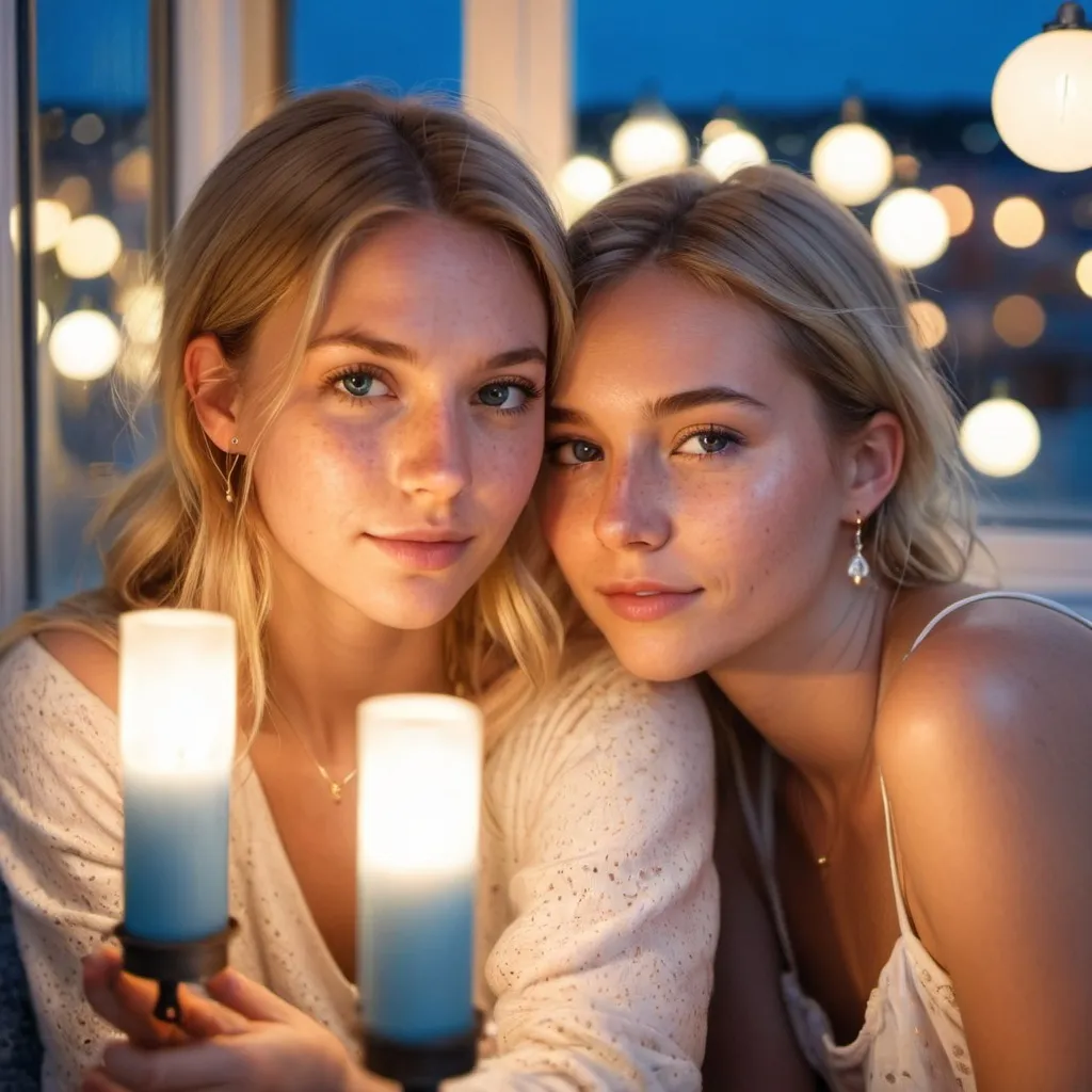 Prompt: 2 Swedish girls, 15/16, on vacation, bright lights, freckles, alluring, beautiful, bedroom window, simple jewelry, comfy, close-up, romantic, lovers, flowers, blooming, azure, quartz, chair, lantern, slipping off, falling off, selfie