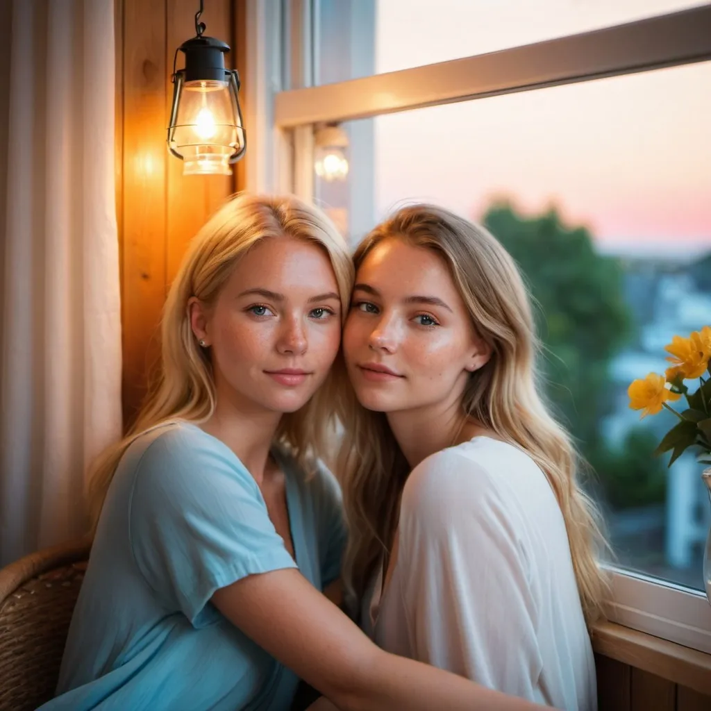 Prompt: 2 Swedish girls, 15/16, on vacation, bright lights, freckles, alluring, beautiful, bedroom window, simple jewelry, comfy, close-up, romantic, lovers, flowers, blooming, azure, quartz, chair, lantern, slipping off, falling off, selfie