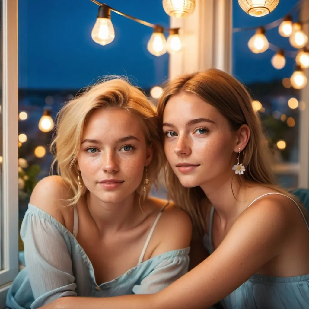 Prompt: 2 Swedish girls, 15/16, on vacation, bright lights, freckles, alluring, beautiful, bedroom window, simple jewelry, comfy, close-up, romantic, lovers, flowers, blooming, azure, quartz, chair, lantern, slipping off, falling off, selfie