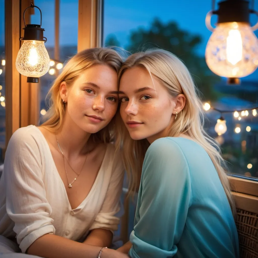 Prompt: 2 Swedish girls, 15/16, on vacation, bright lights, freckles, alluring, beautiful, bedroom window, simple jewelry, comfy, close-up, romantic, lovers, flowers, blooming, azure, quartz, chair, lantern, slipping off, falling off, selfie