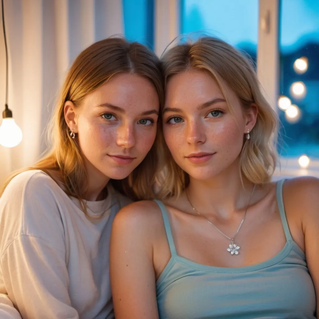 Prompt: 2 Swedish girls, 15/16, on vacation, bright lights, freckles, alluring, beautiful, bedroom window, simple jewelry, comfy, close-up, romantic, lovers, flowers, blooming, azure, quartz, chair, flashlight, slipping off, falling off, selfie