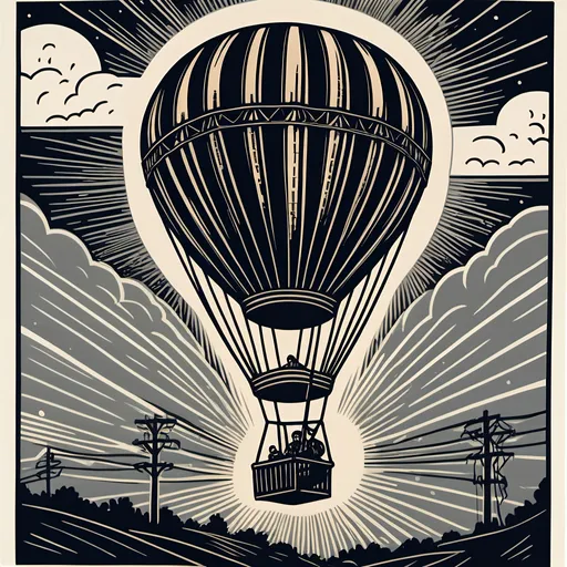 Prompt: A linocut in the style of a tarot card showing a man in a hot air balloon that is flying into power lines during a storm