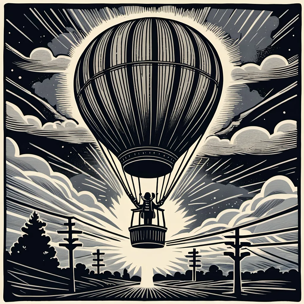 Prompt: A linocut in the style of a tarot card showing a man in a hot air balloon that is flying into power lines during a storm