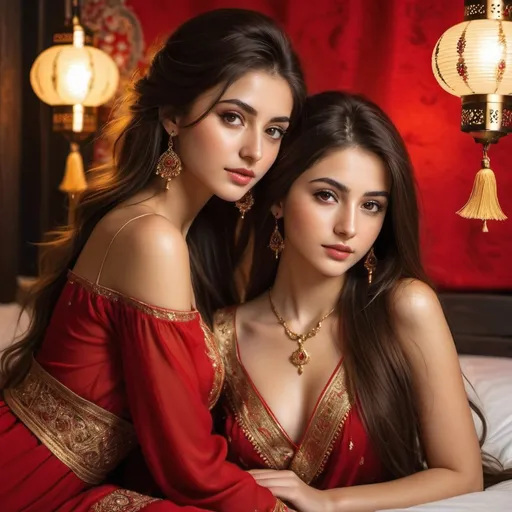 Prompt: 2 turkish girls 16, long flowing hair, freckles, romantic, lovers, in love, beautiful, stylish. The girls wear light makeup, have simple jewelry. Red, gold, black. They give the viewer an alluring gaze that is both inviting and teasing. Bedroom, lantern