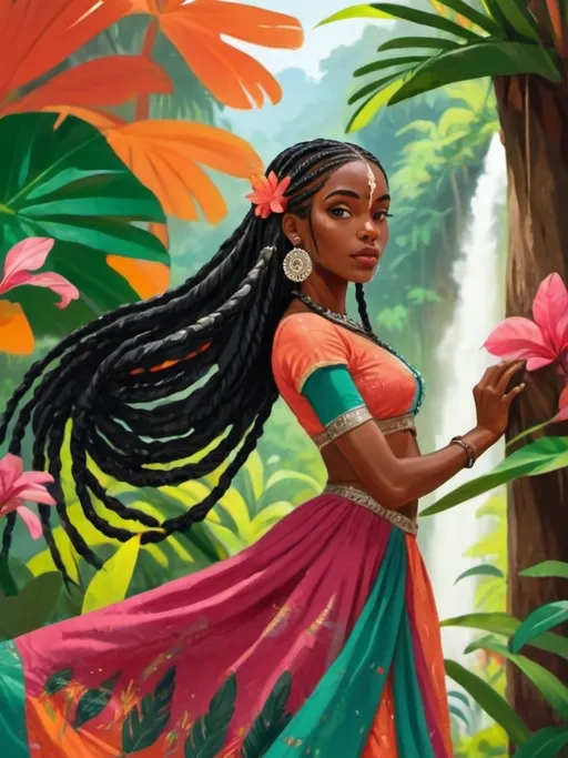 Prompt: a black woman with dark skin and long braids, wearing indian dress, tropical forest in the background, full figure