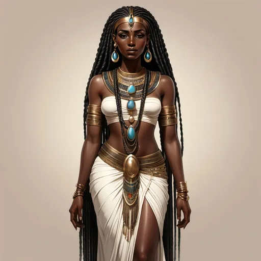 Prompt: a dark skin black egyptian woman with long braids, an egyptian dress, lots of jewelry, full figure, illustration