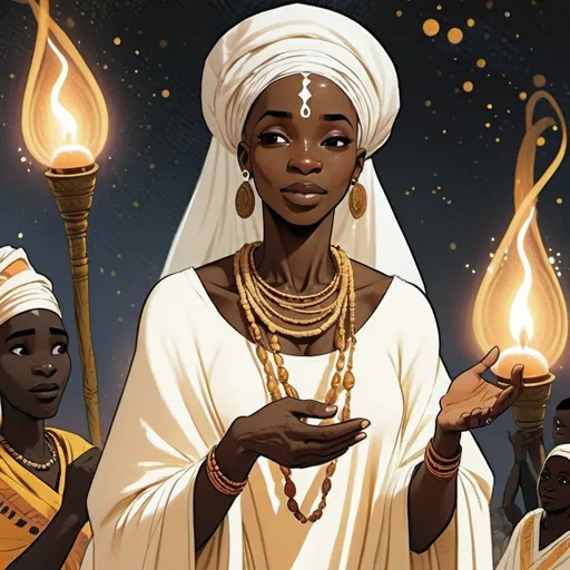 Prompt: a black ife priestess from nigeria wearing a white robe and a headscarf, cartoon