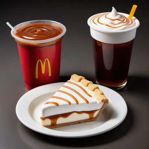 Prompt: McDonalds branded Cream Pie (1 layer) with a drink and sauce next to it