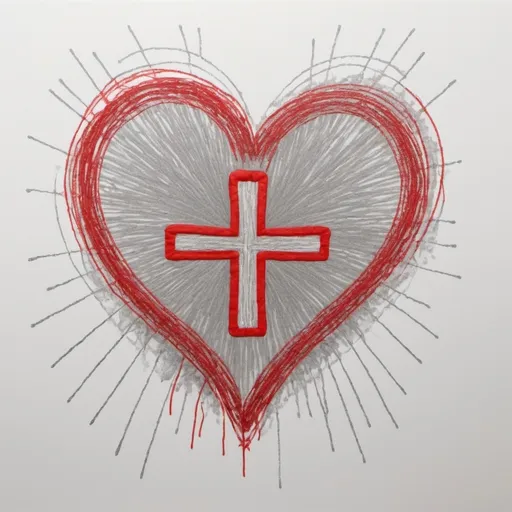 Prompt: scribble lines of a heart that is grey in the centre and grdually fading to red on the edges. Add  a red cross on top that has a longer vertical