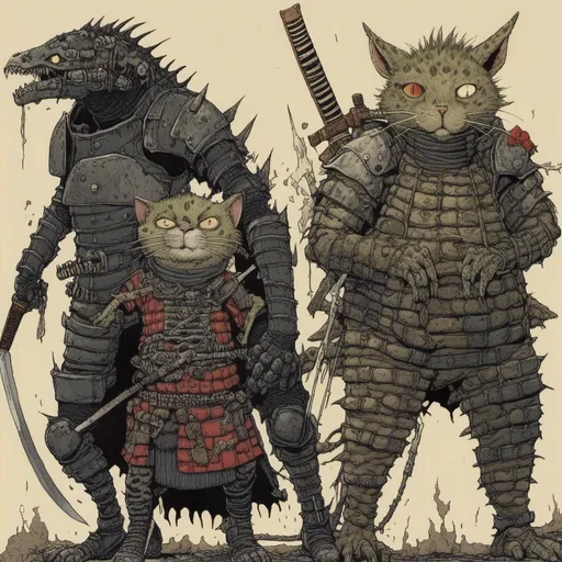 Prompt: <mymodel> dai dark, dorohedoro
A kobold lizard samurai armored with a claymore and a cat shinobi