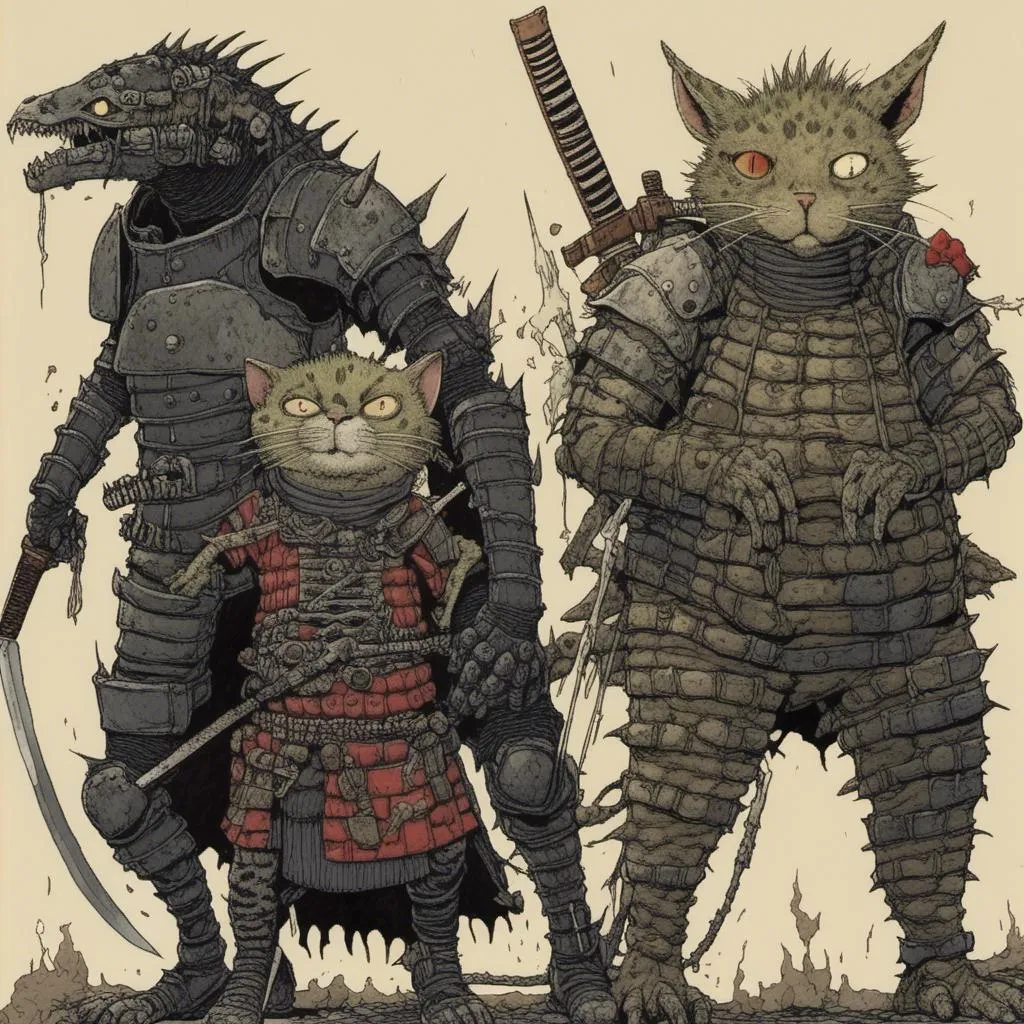 Prompt: <mymodel> dai dark, dorohedoro
A kobold lizard samurai armored with a claymore and a cat shinobi