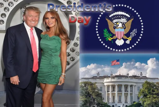 Prompt: Create a photorealistic collage image . Place image 1 of the couple (no change to image outfits) on left Half of image but ensure her dress is ultra micromini pelvis length. Place Image 2 of flag in the upper right quadrant of collage image, Place image 3 of the White House in lower right quadrant of collage image - . Centered at the top of the collage is large bold red and white and blue presidential style blended lettering text that reads "President’s Day” . Seamless integration and spacing of images.Add special affects lettering but don't disrupt images; add minor image blending affects too but disrupt the integrity
