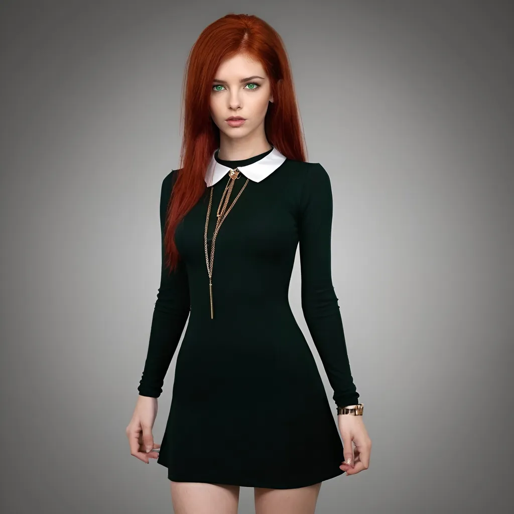 Prompt: red hair, green eyes, black dress, chain like a collar