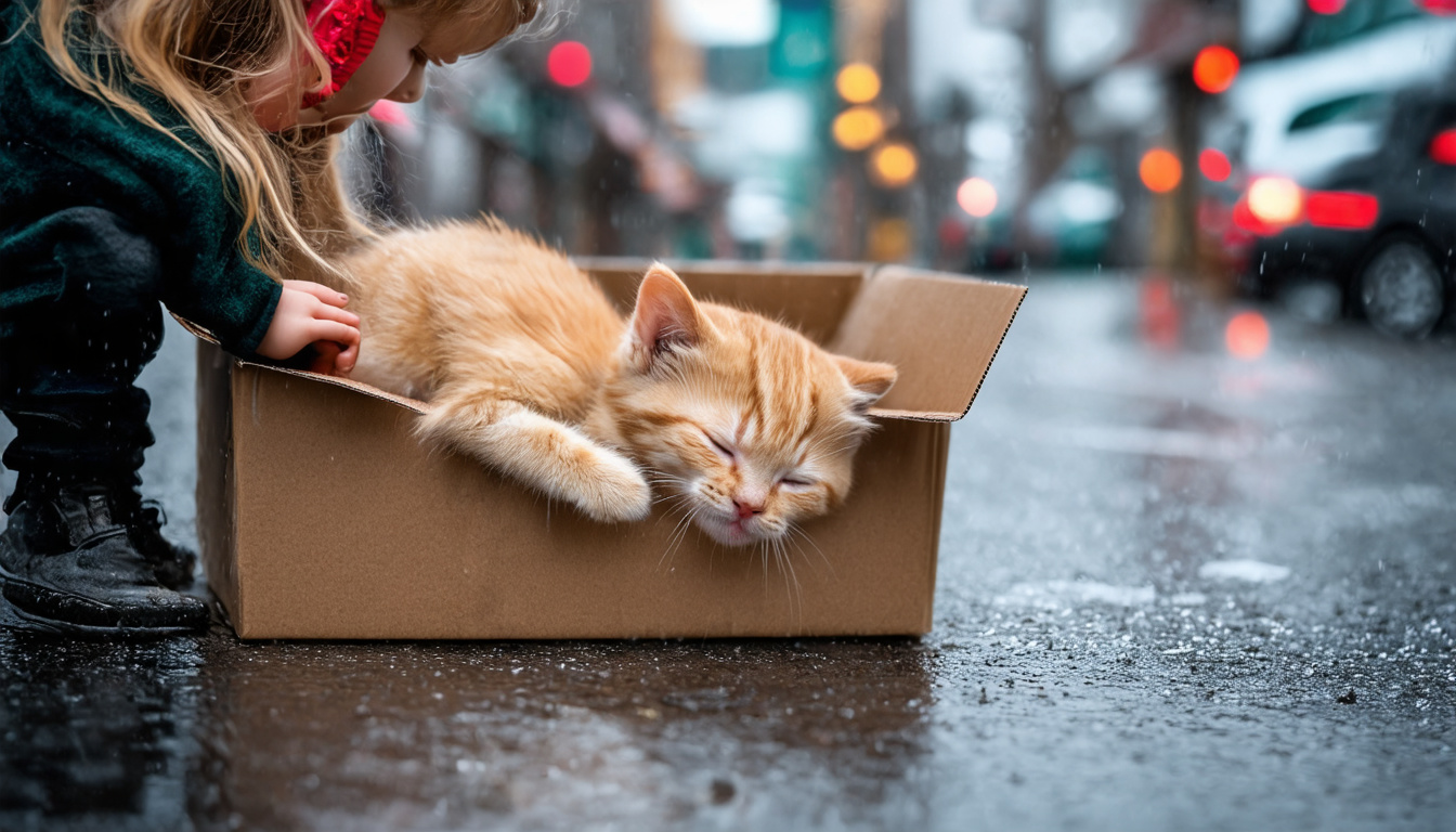 Prompt: a little girl picks up a ginger kitten sleeping in the rain on a city street in a cardboard box