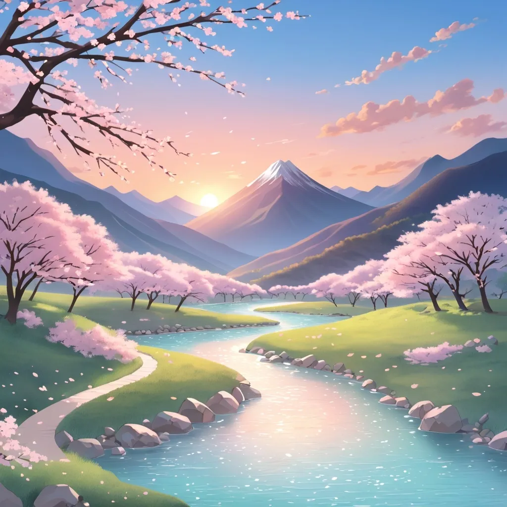 Prompt: "A serene mountain valley during sunset, with soft pastel colors filling the sky, a crystal-clear river flowing through the landscape, and delicate cherry blossom trees in full bloom. The scene is tranquil and calm, with gentle wind rustling the leaves